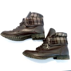 Brown combat boots with plaid ankle design sz 8.5
